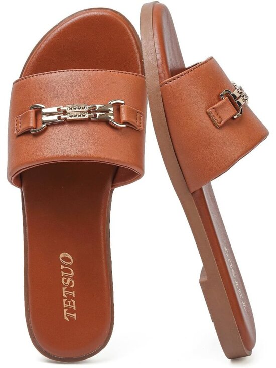 Shoes - Women's Sandals Dressy Slide Sandals Light Brown Open Toe Slip On Flat Sandals